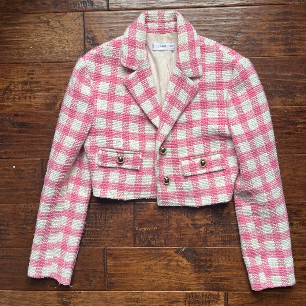 MANGO Pink White Plaid Check Tweed Cropped Blazer Jacket. - Picture 9 of 16
